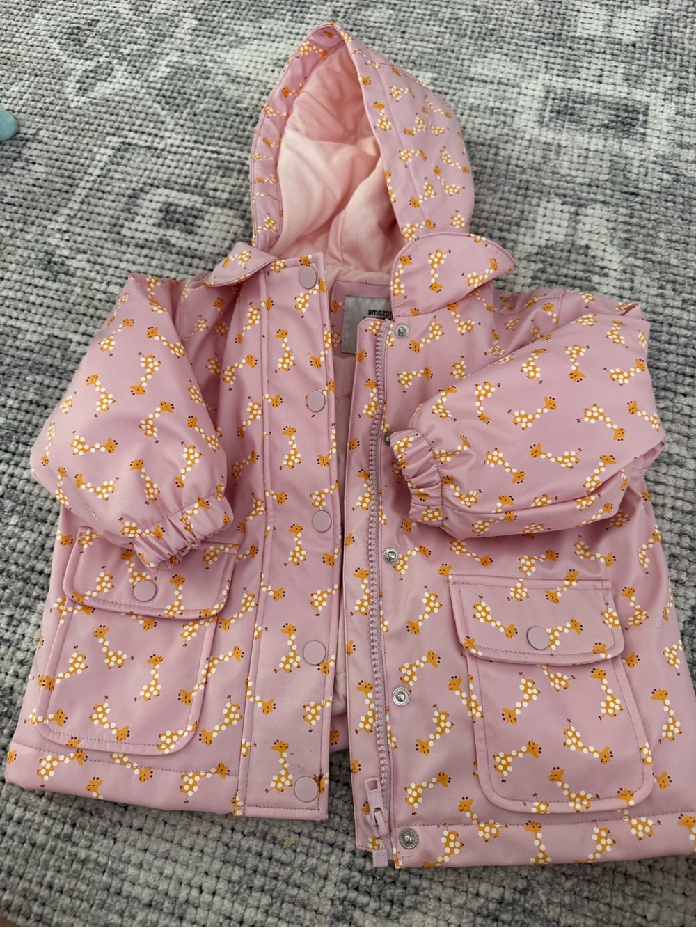 Amazon Essentials X Sofia Grange Pink Hooded Raincoat with Giraffe Pattern